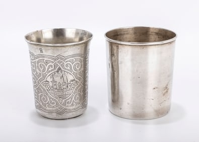 TWO VERY LARGE RUSSIAN SILVER KIDDUSH BEAKERS. One plain cylindrical cup and the other highly