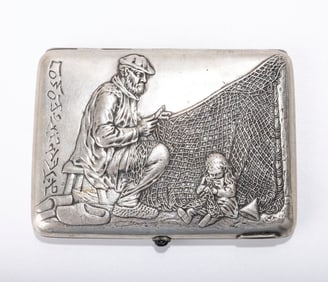 A RARE RUSSIAN EMBOSSED CIGARETTE CASE. Moscow, 1908 - 1926. Embossed with an adult male working on