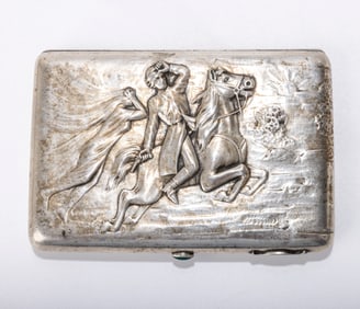 A RARE RUSSIAN EMBOSSED CIGARETTE CASE. Moscow, 1908 - 1926. Embossed with a gunman riding on a