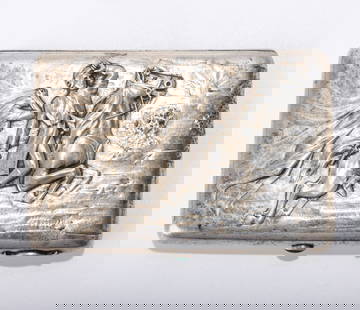 A RARE RUSSIAN EMBOSSED CIGARETTE CASE. Moscow, 1908 - 1926. Embossed with a gunman riding on a: A RARE RUSSIAN EMBOSSED CIGARETTE CASE. Moscow, 1908 - 1926. Embossed with a gunman riding on a galloping house with a woman who has her hands covering her face in the background. Marked with Kokoshni