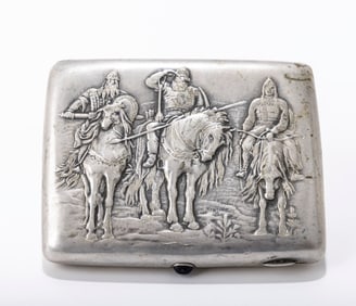 A RUSSIAN EMBOSSED CIGARETTE CASE. Soviet period. Embossed with three viking horsemen, each in