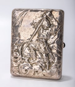 A RARE RUSSIAN EMBOSSED SILVER CIGARETTE CASE . Moscow, 1908 - 1926. Embossed with the scene of St.
