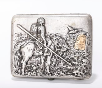 A RARE RUSSIAN EMBOSSED SILVER CIGARETTE CASE. Moscow, 1908 - 1926. Embossed with the scene of a