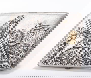 A RARE RUSSIAN EMBOSSED SILVER CIGARETTE CASE. Moscow, 1908 - 1926. Embossed with the scene of a: A RARE RUSSIAN EMBOSSED SILVER CIGARETTE CASE. Moscow, 1908 - 1926. Embossed with the scene of a warrior with a spear visiting the grave in 1915. Marked with Kokoshnik marks and a maker on each side.