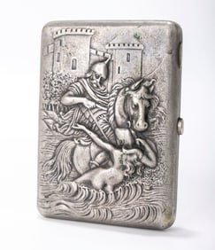 A RARE RUSSIAN EMBOSSED SILVER CIGARETTE CASE . Moscow, 1908 - 1926. Embossed with a warrior on a