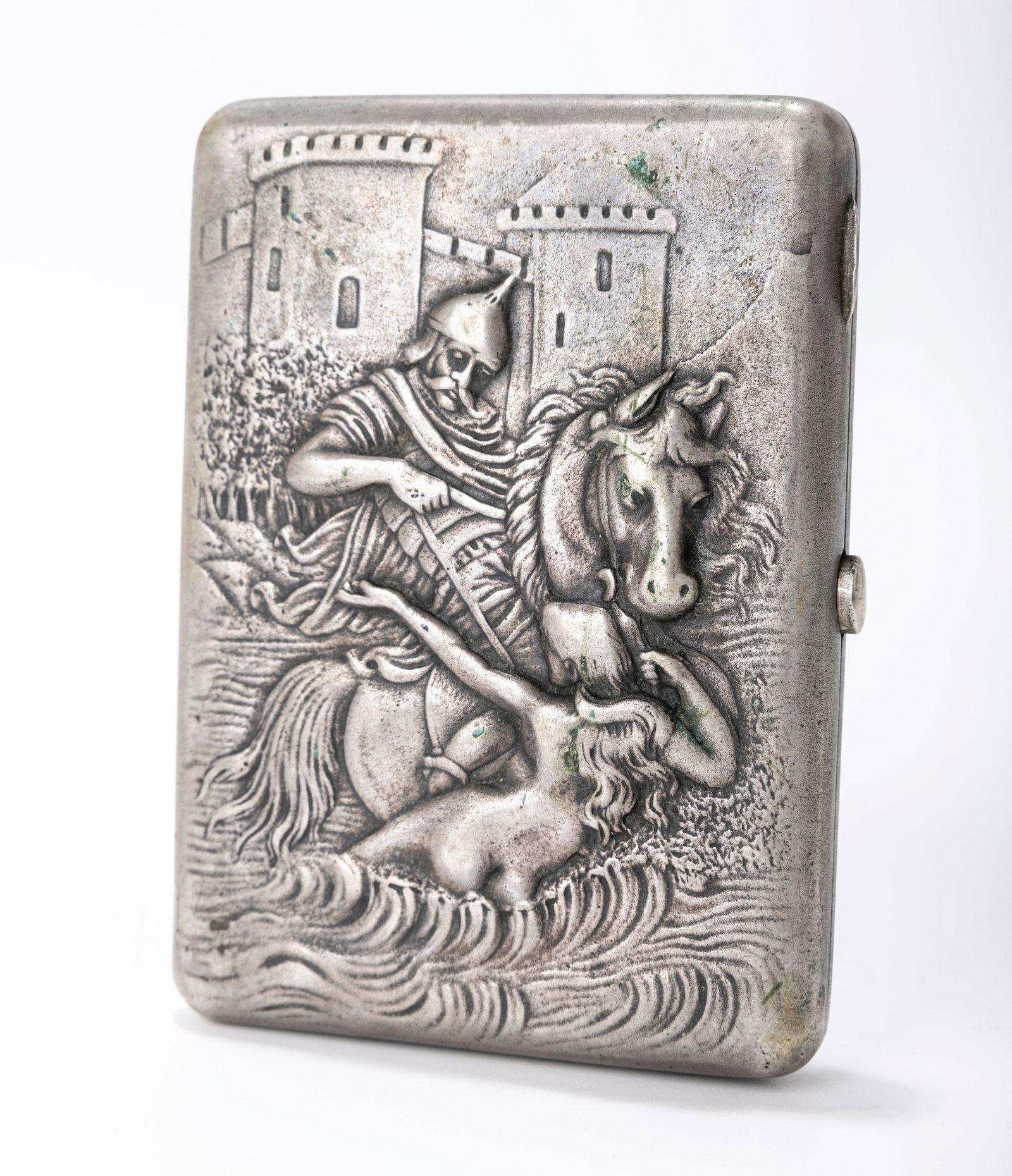 A RARE RUSSIAN EMBOSSED SILVER CIGARETTE CASE . Moscow, 1908 - 1926. Embossed with a warrior on a (1 of 7)