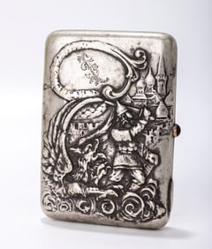 A RARE RUSSIAN EMBOSSED SILVER CIGARETTE CASE. Moscow, 1908 - 1926. Embossed with a St George