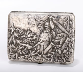 A RARE RUSSIAN EMBOSSED SILVER CIGARETTE CASE . Moscow, 1908 - 1926. Embossed with a hunter slaying