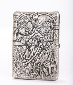 A RARE RUSSIAN REGIONAL SILVER CIGARETTE CASE. Poland, c. 1910. Depicting a Cossack horseman with a