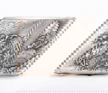 A RUSSIAN EMBOSSED SILVER CIGARETTE CASE . Early Soviet period. Embossed with a viking or warrior: A RUSSIAN EMBOSSED SILVER CIGARETTE CASE . Early Soviet period. Embossed with a viking or warrior horseman, sword in hand. Repair the landing area of cabochon clasp.. Marked with an 875 in a sideways