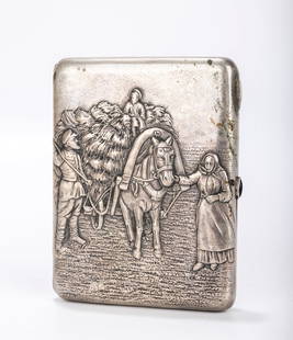 A RUSSIAN EMBOSSED SILVER CIGARETTE CASE . Early Soviet period. Embossed on one side is a village: A RUSSIAN EMBOSSED SILVER CIGARETTE CASE . Early Soviet period. Embossed on one side is a village scene with an elderly woman pulling a house with a young boy on it while the husband holds the reins.