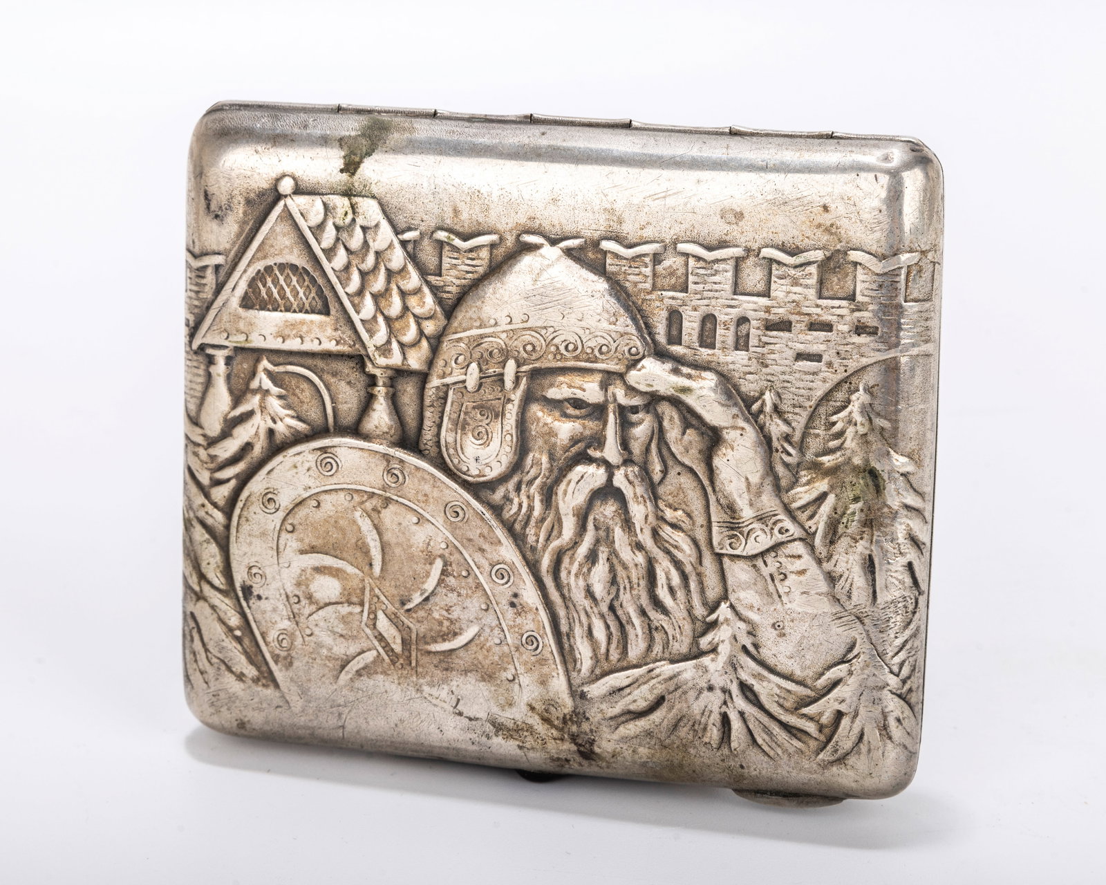 A RUSSIAN EMBOSSED SILVER CIGARETTE CASE . Early Soviet period. Embossed with a warrior with a (1 of 6)