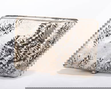 A RARE RUSSIAN EMBOSSED SILVER CIGARETTE CASE . Moscow, 1908 - 1926. Embossed with St. George: A RARE RUSSIAN EMBOSSED SILVER CIGARETTE CASE . Moscow, 1908 - 1926. Embossed with St. George looking at a flying dragon. Marked with Kokoshnik marks and a maker on each side. 4.6" x 3.2" and 250 gram