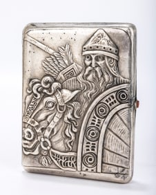 A RARE RUSSIAN EMBOSSED SILVER CIGARETTE CASE . Moscow, 1908 - 1926. Embossed with a warrior with a