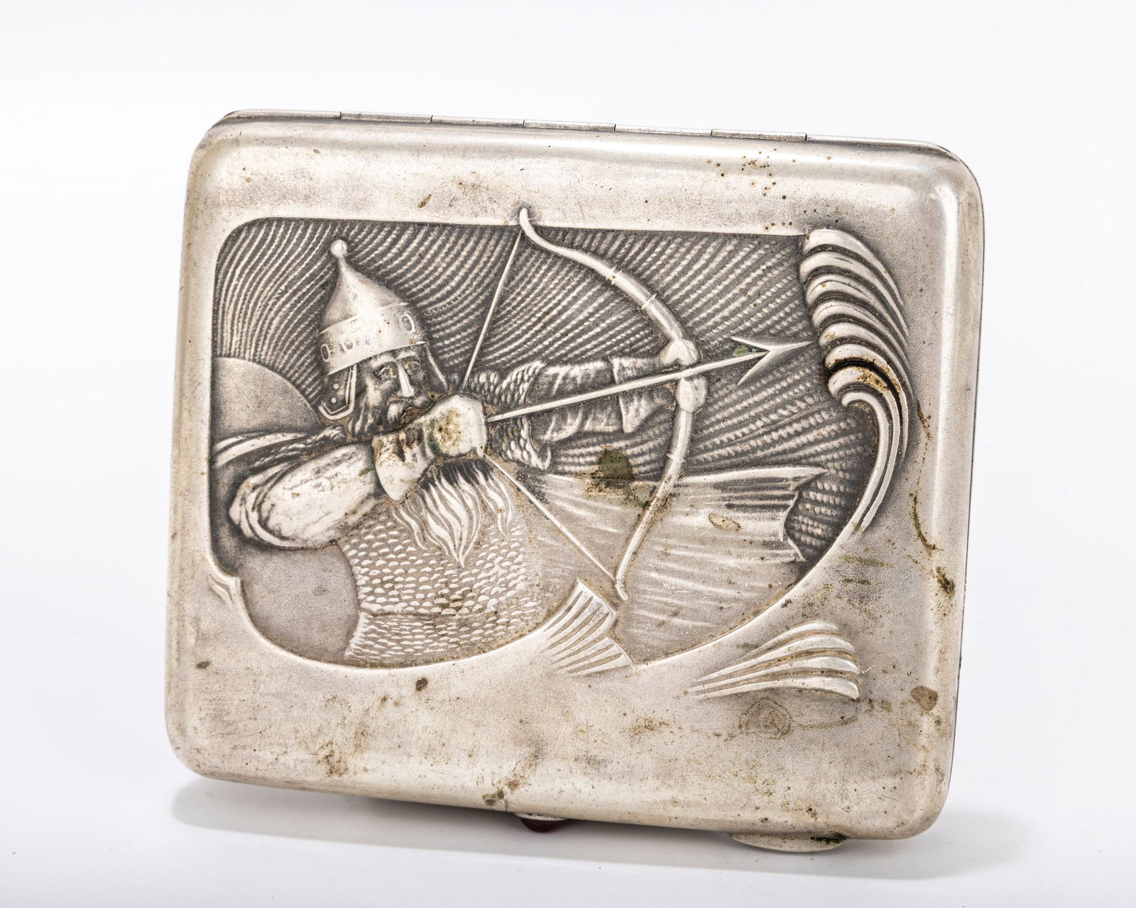 A RUSSIAN EMBOSSED SILVER CIGARETTE CASE . Soviet period. Embossed with a warrior archer. Marked (1 of 7)