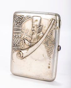 A RARE RUSSIAN EMBOSSED SILVER CIGARETTE CASE . Moscow, 1908 - 1926. Embossed with a Russian Cossack