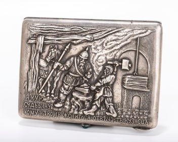 A RARE RUSSIAN EMBOSSED SILVER CIGARETTE CASE. Moscow, 1908 - 1926. Embossed with a Russian warrior