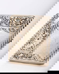 A RARE RUSSIAN EMBOSSED SILVER CIGARETTE CASE. Russia, c. 1910.By Ivan Klebnikov. Embossed with a: A RARE RUSSIAN EMBOSSED SILVER CIGARETTE CASE. Russia, c. 1910.By Ivan Klebnikov. Embossed with a winged griffon in front of an uninscribed cartouche. Marked with an 84 and KLEBNIKOV. 4.2" x 3.6" and