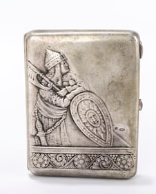 A RARE RUSSIAN EMBOSSED SILVER CIGARETTE CASE. Moscow, 1908 - 1926. Embossed with a warrior with an