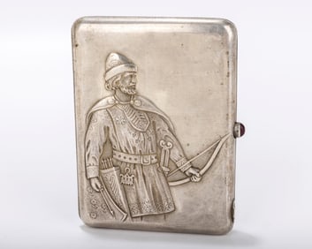 A RARE RUSSIAN EMBOSSED SILVER CIGARETTE CASE. Moscow, 1908 - 1926. Embossed with an archer on one