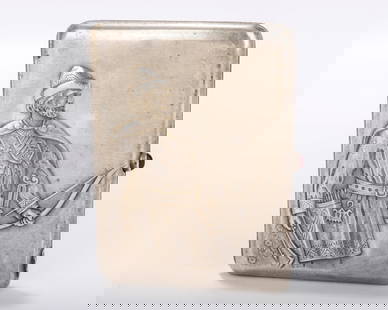 A RARE RUSSIAN EMBOSSED SILVER CIGARETTE CASE. Moscow, 1908 - 1926. Embossed with an archer on one: A RARE RUSSIAN EMBOSSED SILVER CIGARETTE CASE. Moscow, 1908 - 1926. Embossed with an archer on one side and a cyrillic dedication with a date of 1925. Marked with Kokoshnik marks and a maker on each s