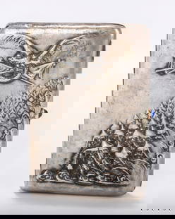 A RARE RUSSIAN EMBOSSED SILVER CIGARETTE CASE. Moscow, 1908 - 1926. Embossed with an army of: A RARE RUSSIAN EMBOSSED SILVER CIGARETTE CASE. Moscow, 1908 - 1926. Embossed with an army of warriors with a double headed dragon or griffon in the skies. Engraved with a cyrillic dedication dated to