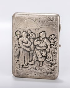 A RARE RUSSIAN EMBOSSED SILVER CIGARETTE CASE. Soviet  Era. Marked with a 750 and a head in an oval.