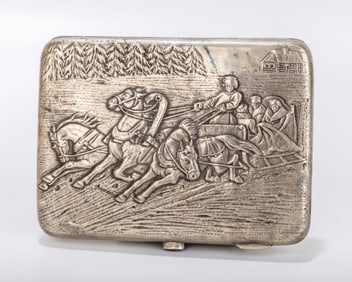 A RARE RUSSIAN EMBOSSED SILVER CIGARETTE CASE. Moscow, 1908 - 1926. Embossed with horse and carriage