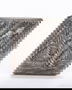 A RUSSIAN EMBOSSED SILVER CIGARETTE CASE . Early Soviet period. Decorated with a young and: A RUSSIAN EMBOSSED SILVER CIGARETTE CASE . Early Soviet period. Decorated with a young and apparently exhausted soldier in a forest. The verso with a dedication in Cryllic dated to 1947. Marked with a