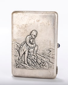 A RARE RUSSIAN EMBOSSED SILVER CIGARETTE CASE. Moscow, 1908 - 1926. Embossed with a sailor in