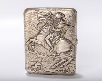 A RARE RUSSIAN EMBOSSED SILVER CIGARETTE CASE. Moscow, 1908 - 1926. Embossed with a galloping