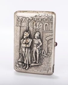 A RARE RUSSIAN EMBOSSED SILVER CIGARETTE CASE. Moscow, 1908 - 1926. Embossed with two military
