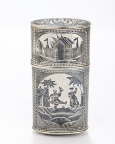 A SILVER AND NIELLO CIGAR HOLDER. Probably the Russian Empire, Early 20th century.  Decorated with a