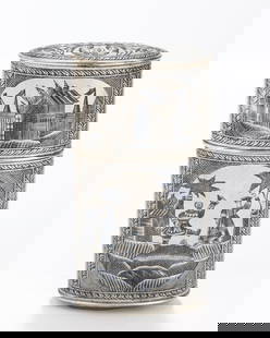A SILVER AND NIELLO CIGAR HOLDER. Probably the Russian Empire, Early 20th century. Decorated with a: A SILVER AND NIELLO CIGAR HOLDER. Probably the Russian Empire, Early 20th century. Decorated with a dancing couple, the man with a bottle, a town scene, a building and two more dancing people, one wit