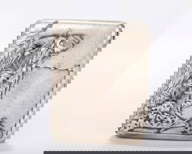 A RARE RUSSIAN EMBOSSED SILVER CIGARETTE CASE. Moscow, 1908 - 1926. Embossed with an archer looking: A RARE RUSSIAN EMBOSSED SILVER CIGARETTE CASE. Moscow, 1908 - 1926. Embossed with an archer looking down at a badger. Marked with Kokoshnik marks and a maker on each side. 4.3" x 3.5" and 201 grams.