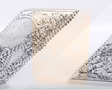 A RARE RUSSIAN EMBOSSED SILVER CIGARETTE CASE.Russian, c. 1908 - 1926. Embossed with St. George: A RARE RUSSIAN EMBOSSED SILVER CIGARETTE CASE.Russian, c. 1908 - 1926. Embossed with St. George slaying the dragon verso with a horseman with a spear and sword, passing a carriage. Marked with Kokoshn