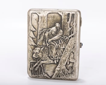 A RARE RUSSIAN EMBOSSED SILVER CIGARETTE CASE. Russia, 1893. Maker E. Bolin. Embossed with a