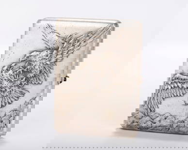 A RARE RUSSIAN EMBOSSED SILVER CIGARETTE CASE. Moscow, 1908 - 1926. Embossed with two fighting: A RARE RUSSIAN EMBOSSED SILVER CIGARETTE CASE. Moscow, 1908 - 1926. Embossed with two fighting ravens. Marked with Kokoshnik marks and a maker on each side. 4.6" x 3.4" and 208 grams.