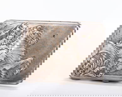 A RARE RUSSIAN EMBOSSED SILVER CIGARETTE CASE. Moscow, 1908 - 1926. Embossed with a medieval: A RARE RUSSIAN EMBOSSED SILVER CIGARETTE CASE. Moscow, 1908 - 1926. Embossed with a medieval horseman with a morning star weapon. Kokoshnik marks and a maker on each side. 4.6" x 3.4" and 208 grams.