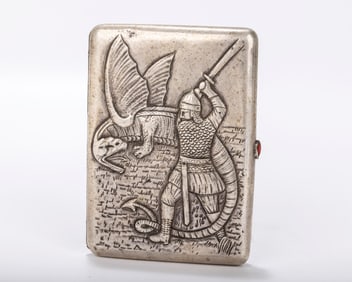 A RARE RUSSIAN EMBOSSED SILVER CIGARETTE CASE. Moscow, 1908 - 1926. Embossed with St. George slaying