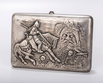 A RARE RUSSIAN EMBOSSED SILVER CIGARETTE CASE. Possibly Riga, c. 1900.  Embossed  a horseman ina