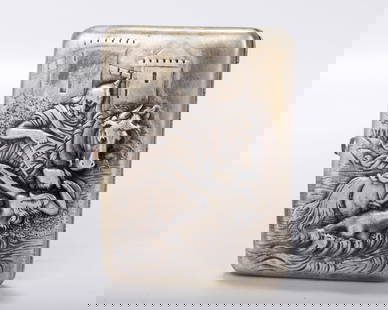 A RARE RUSSIAN EMBOSSED SILVER CIGARETTE CASE. Moscow, 1908 - 1926. Embossed on one side with a: A RARE RUSSIAN EMBOSSED SILVER CIGARETTE CASE. Moscow, 1908 - 1926. Embossed on one side with a winged angel (or demon) visiting with a seated person with a water urn. On the verso is a large mustache