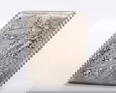 A RUSSIAN EMBOSSED SILVER CIGARETTE CASE. Russian, c. 1900. Decorated with a bearded helmsman on a: A RUSSIAN EMBOSSED SILVER CIGARETTE CASE. Russian, c. 1900. Decorated with a bearded helmsman on a viking period ship with a swan decoration. Apparently unmarked. Interior gilding. 4.2" x 3.5" and 245