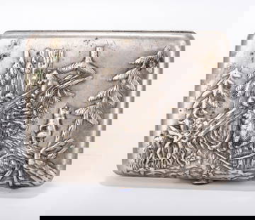 A RARE RUSSIAN EMBOSSED SILVER CIGARETTE CASE. Moscow, 1908 - 1926. Embossed with a family of bears: A RARE RUSSIAN EMBOSSED SILVER CIGARETTE CASE. Moscow, 1908 - 1926. Embossed with a family of bears in action in a forest. Marked with Kokoshnik marks and a maker on each side. 4.4" x 3.4" and 218 gra
