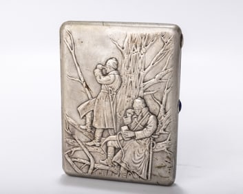 A RARE RUSSIAN EMBOSSED SILVER CIGARETTE CASE. Moscow, 1908 - 1926. Embossed with two Russian