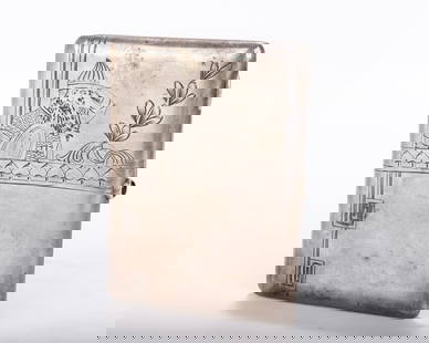 A RARE RUSSIAN SILVER CIGARETTE CASE. Moscow, 1908 - 1926. Engraved with a viking and organic: A RARE RUSSIAN SILVER CIGARETTE CASE. Moscow, 1908 - 1926. Engraved with a viking and organic designs and a cyrillic inscription dated to 1937 on the verso. 4.2" x 3.2" and 169 grams.