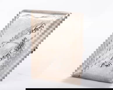A RARE RUSSIAN SILVER CIGARETTE CASE. Moscow, 1908 - 1926. Engraved with musical and engraved: A RARE RUSSIAN SILVER CIGARETTE CASE. Moscow, 1908 - 1926. Engraved with musical and engraved designs. 4.6" x 3.2" and 146 grams.