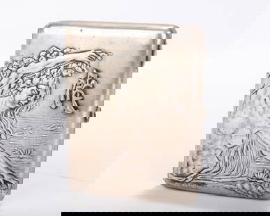 A RARE RUSSIAN EMBOSSED SILVER CIGARETTE CASE. Moscow, 1908 - 1926. Embossed with a mermaid arising: A RARE RUSSIAN EMBOSSED SILVER CIGARETTE CASE. Moscow, 1908 - 1926. Embossed with a mermaid arising from the waters and an applied monogram. 4.5" x 3.7" and 190 grams. Lacking cabochon stone.