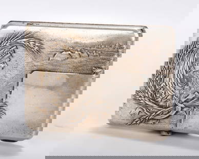 A RARE RUSSIAN EMBOSSED SILVER CIGARETTE CASE. Moscow, 1908 - 1926. Embossed with a jeweled woman,: A RARE RUSSIAN EMBOSSED SILVER CIGARETTE CASE. Moscow, 1908 - 1926. Embossed with a jeweled woman, wheat and a sickle. 4.5" x 3.2" and 209 grams.