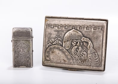A SILVERPLATED CIGARETTE CASE AND A SOLID SILVER LIGHTER CASE. The cigarette case with a bearded